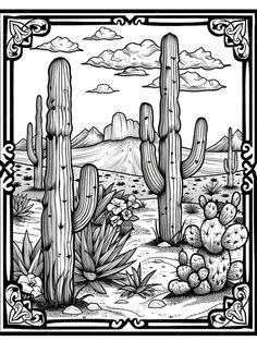 a black and white drawing of cactuses in the desert