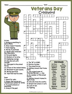 the veterans day crossword is shown in this green and white printable puzzle game