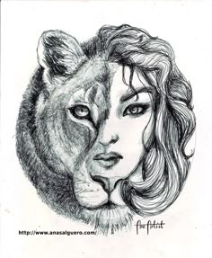 a pencil drawing of a woman with a lion's head on her face and the words for ferret