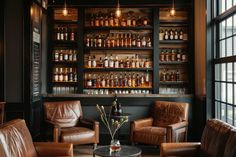 two leather chairs sitting next to each other in front of a shelf filled with bottles