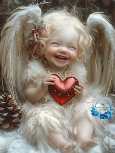 a little angel holding a heart with wings