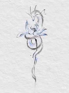 a drawing of a dragon on the side of a white wall with blue watercolors