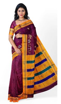 Magenta ilkal cotton silk saree has a yellow border and machine-worked multicoloured kasuti embroidery work. The saree fabric is soft cotton by viscose silk, making it very easy to drape and comfortable to wear. ideal for wearing in formal functions, family functions and parties. Its traditionally classic combination of red and green goes best with traditional dangling earrings. Stitching facility for falls-zigzag available on request, free of cost.  Dimension - 6.2m length, containing 5.5m saree and 0.7m blouse piece in running material. Purple Cotton Traditional Wear With Cutdana, Purple Saree With Embroidered Border, Traditional Purple Wear With Embroidered Border, Purple Handloom Cotton Silk Traditional Wear, Purple Cotton Handloom Saree, Purple Cotton Saree With Zari Work, Purple Cotton Saree With Pallu, Purple Cotton Saree With Pallu Detail, Yellow Cotton Traditional Wear With Zari Weaving