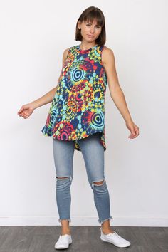 95% Polyester 5% Spandex Made in the USA Sleeveless Tunic, Made In The Usa, Floral Tops, Multi Color, Spandex, Floral, Women's Top, Color