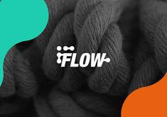 the logo for flow yarns is shown in black and white, with an orange background