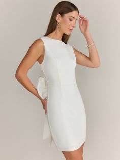 Sleeveless Low V-Back Mini Dress - Lena | New York & Company Stretch Knee-length Dress For Wedding, Fitted Bodice Sleeveless Mini Dress, Spring Sleeveless Bodycon Dress With Fitted Bodice, Sleeveless Mini Dress With Fitted Bodice, White Sleeveless Bodycon Dress For Evening, Elegant Fitted Bodice Sleeveless Dress, Wedding Mini Dress With Back Zipper, Feminine Sleeveless Fitted Midi Dress, Sleeveless Midi Dress With Fitted Bodice