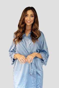 Dusty Blue Solid Satin Robe - Back Elegant Satin Sleepwear For Spring, Elegant Satin Robe, Elegant Satin Robe For Spring, Elegant Solid Satin Sleepwear, Elegant Spring Satin Robe, Elegant Night Robe For Spring, Spring Satin Robe With Lace Trim, Elegant Blue Robe For Wedding Night, Elegant Robe For Wedding Night