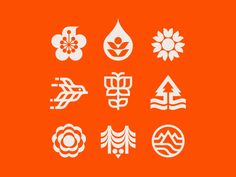 six different symbols are shown in white on an orange background