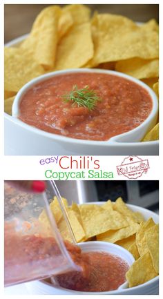 two pictures showing different types of salsa and chips