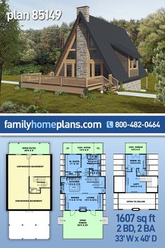 the floor plan for this small log cabin home is very large and has two levels