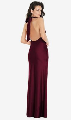 Scarf Tie High-neck Halter Maxi Slip Bridesmaid Dress In Cabernet | The Dessy Group Party Gown With Bow Tie Back, Chic Tie Back Gown For Party, Glamorous Maxi Dress With Tie Back For Gala, Chic Party Gown With Tie Back, Maxi Length Satin Dress With Tie Back, Formal Backless Maxi Dress For Prom Season, Backless Tie-back Evening Dress For Prom, Evening Backless Tie Back Dress For Prom, Floor-length Tie Back Evening Dress For Prom