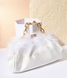 White Satin & Fur Trim Clutch Handbag - Unique Vintage - Womens, ACCESSORIES, HANDBAGS Elegant Faux Fur Bags For Winter, Elegant Faux Fur Winter Bag, Elegant Rectangular Faux Fur Bag, Elegant Bags With Feather Trim For Events, Winter Evening Bags In Faux Fur, Winter Evening Bag In Faux Fur, Winter Evening Bags With Faux Fur, Elegant Winter Bags With Faux Fur Trim, Elegant Evening Bags With Faux Fur Lining