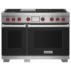 an oven with red knobs and two burners on the front, in stainless steel