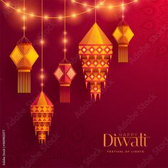 happy diwali festival with hanging lanterns