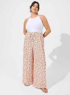 Pull-On Wide Leg Washable Gauze High Rise Pant, DITSY FLORAL Barcelona Outfits, Gauze Pants, Bathing Beauty, Flattering Outfits, Plus Size Summer Outfits, Mom Fashion, Striped Wide Leg Pants, Birthday Suit, Cruise Outfits