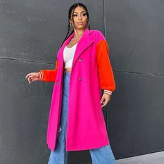 You Won't Get Overlooked In The Callie Oversized Varsity 2face Pink & Orange Trench Coat. Turn Heads And Make A Statement With This Bold, Color-Block Coat That Effortlessly Blends Street-Style Fantastic With Classic Sophistication. The Vibrant Hot Pink Body Paired With Eye-Catching Orange Sleeves Creates A One-Of-A-Kind Look That’s Perfect For Standing Out. Its Oversized Fit Offers Comfort And A Trendy Silhouette That’s Right On Point For The Season. The Sporty Varsity-Style Cuffs Add A Playful Pink Color Block Winter Outerwear, Orange Trench Coat, Trench Coat Plus Size, Color Block Coats, Coat Plus Size, Varsity Style, Pink Body, Bold Color, Pink Orange