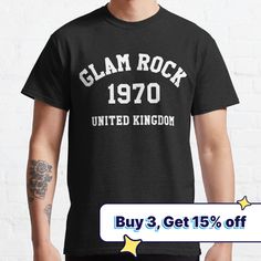 a man wearing a black shirt that says glam rock 1970 united kingdom buy 3 get 15 % off