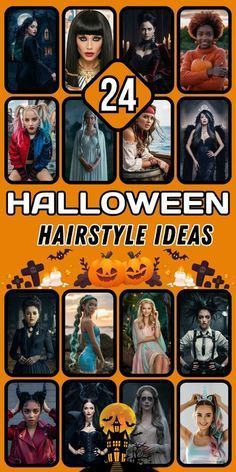 the poster for 24 halloween hairstyle ideas, with pictures of people in different costumes