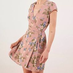 Brand New Without Tags. Size Small, Perfect Condition Mauve Floral Print Dress For Garden Party, Fitted Feminine Knee-length Wrap Dress, Feminine Fitted Knee-length Wrap Dress, Fitted Knee-length Feminine Wrap Dress, Elegant Fitted Pink Floral Dress, Fitted Mauve Floral Print Dress, Spring Knee-length Fitted Wrap Dress, Fitted Knee-length Wrap Dress For Spring, Mauve Fitted Dress For Brunch