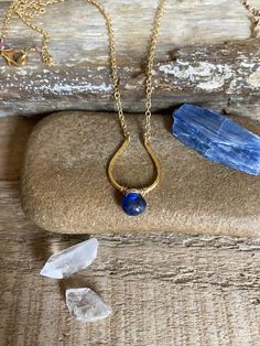 "Gold filled horseshoe pendant 18\" necklace with faceted blue kyanite gemstones" Gold Lariat Necklace, Gold Chandelier Earrings, Horseshoe Pendant, Moss Aquamarine, Gold Long Necklace, Gold Chandelier, Blue Kyanite, Aquamarine Gemstone, Garnet Gemstone