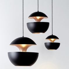 three black and white lights hanging from the ceiling