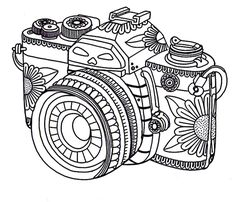 a black and white drawing of a camera