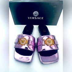 Light Purple Bought At Versace In Florida Square Toe Tiny, Tiny And Perfection At The Tip Of The Shoe I Saw Have Not Worn Retail 900 Great Deal I Wear 4 1/2 Too Big On Me Slip-on Patent Leather Sandals For Party, Flat Patent Leather Sandals For Evening, Designer Purple Sandals For Summer, Elegant Purple Sandals With Branded Heel, Purple Round Toe Sandals For Formal Occasions, Luxury Purple Open Toe Sandals, Designer Purple Sandals For Formal Occasions, Formal Purple Round Toe Sandals, Luxury Purple Evening Sandals