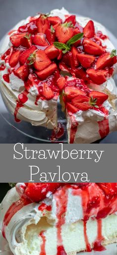 strawberry pavlova cake with whipped cream and fresh strawberries on top is ready to be eaten