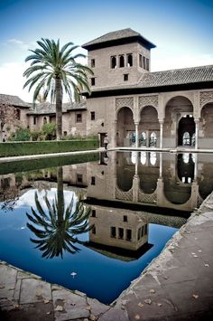 an old building with a pool and palm trees in the foreground is reflected in water