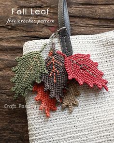 a crocheted bag with three leaves on it and the words fall leaf free crochet pattern