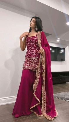 Pink Sharara Look For Wedding, Georgette Sharara Suits, Bridesmaid Sharara, Sharara Traditional, Sharara Designs Party Wear Indian Weddings, Desi Sharara, Rani Pink Suit, Modern Sharara, Hot Pink Sharara