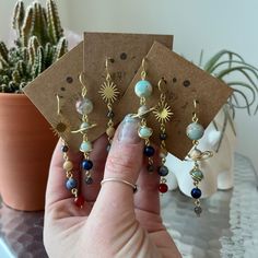 Solar System Earrings, Planets Jewelry, Crystal Planet, Planet Earrings, Gold Sun, Labradorite Crystal, Fish Hook Earrings, Earrings Crystal, Brass Gold