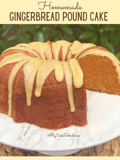 a close up of a bundt cake on a plate with the words homemade gingerbread pound cake