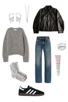 Fall winter spring outfit cold weather jeans leather jacket vintage clothes maanesten jewelry silver Adidas spezial samba shoes sneakers 2023 Glossier aesthetic balm dot com lip balm skin care trendy Cloudy Day Outfit, Grey Jeans Outfit, Adidas Samba Outfit, Outfit Layout