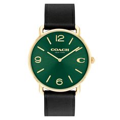 With clean lines and a modern minimalist sensibility, the Elliot is a true design classic ready for workdays and weekends. Finished with a black leather strap, this gold tone round watch features a green dial detailed with a mix of numerical and stick makers and the Coach Signature marker at 3 o'clock. Gold tone case and black leather strap Approx. case diameter: 41mm Mineral crystal Quartz movement Buckle closure Water-resistant to 99 feet Style Number:14602648 Coach Watch, Brown Leather Strap Watch, Round Watch, Leather Strap Watch, Saddle Leather, Brown Leather Strap, Analog Watch, Mens Green, O Clock