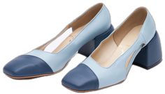 Modern Blue Heels For Work, Blue Leather Heels For Work, Blue Heels With Leather Sole For Work, Light Blue Leather Heels With Round Toe, Blue Leather Heels For Office, Blue Leather Heels With Square Toe, Blue Leather Heels With Branded Insole, Light And Dark, Fashion Jewellery