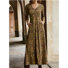 Women's Winter Dress T Shirt Dress Tee Dress Floral Tribal Pocket V Neck Long Dress Maxi Dress Vintage Ethnic Street Daily Long Sleeve Yellow Red Blue Fall Winter S M L XL 2XL 2024 - $23.99 Womens Winter Dresses, Sukienki Plus Size, Floral Cotton Dress, Yellow Midi Dress, Motif Vintage, Long Dress Casual, Long Sleeve Print Dress, Vestidos Vintage, Vintage Maxi Dress