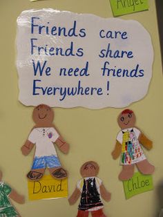 a bulletin board with cutouts of children's clothes and words written on it