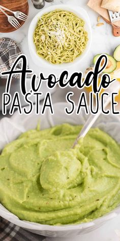 avocado pasta sauce in a white bowl on a table with other food and utensils