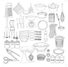 a bunch of kitchen utensils are shown in black and white