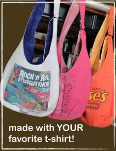 an advertisement for some kind of bag hanging on a rack with the words made with your favorite t - shirt