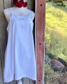 "a white vintage cotton shift dress made from a vintage French chemise  loose fitting  narrow ribbon shoulder straps & fine vintage cotton crochet at the neckline SIZE  approx large , XL +        ~ bust 104 cm / 41\"        ~ 132 cm / 52\" around the waist  length is 86 cm / 34\" mannequin is size small  gentle wash" Summer Nightgown With Lace Patchwork, Summer Nightgown With Delicate Lace For Loungewear, Feminine Lace Patchwork Nightgown For Summer, Cotton Delicate Lace Dress For Daywear, Summer Lace Patchwork Nightgown, Summer Lace Chemise With Spaghetti Straps, Lace Chemise With Spaghetti Straps For Summer, Summer Sleeveless Nightgown With Delicate Lace, Summer Lace Nightgown With Lace Patchwork