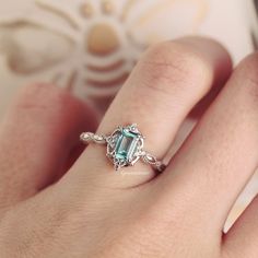 Claire Vintage Natural Aquamarine Ring- Sterling Silver Silver Emerald Cut Engagement Ring, Women March, Oval Morganite Ring, Birthstone Promise Rings, Emerald Cut Engagement Ring, Aquamarine Color, Emerald Gem, Emerald Cut Engagement, Aquamarine Engagement Ring