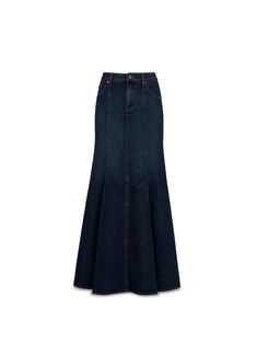 TWP's Harley Denim Maxi Skirt is a mermaid-cut skirt in a dark wash denim completed with button and zip closure. Denim Mermaid Skirt, Jeans Maxi Skirt, Thrift Board, Dark Denim Skirt, Long Denim Skirt, Denim Maxi, Denim Maxi Skirt, Mermaid Skirt, Dark Jeans