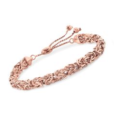 Ross-Simons - 18kt Rose Gold Over Sterling Byzantine Bolo Bracelet. On trend and so easy to style! This Byzantine bolo bracelet gleams in fresh and flirty 18kt rose gold over sterling silver. Box chain. Sliding mechanism adjusts to fit most wrists. Would make a great gift for any style maven - for a super smart price! 1/4" wide. 18kt rose gold over sterling silver Byzantine bolo bracelet. Byzantine Jewelry, Bolo Bracelet, Gifts For Your Sister, Fine Jewelry Bracelets, Bracelets And Charms, Womens Bracelets, Diamond Bracelet, Gold Jewelry, Jewelry Collection