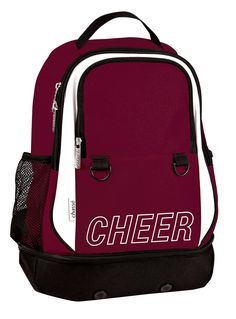 a red backpack with the word cheer on it's front and side panels in white