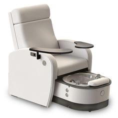 a white reclining chair with a cup holder on it