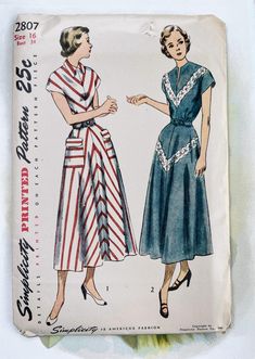 "Misses' One-Piece Dress: The dart-fitted bodice is gathered at the waist line and features extended shoulders. The four-gored skirt falls in an easy flare. In Style 1 the bodice has a back opening and collar. The skirt is trimmed with pockets and a purchased or self-made belt is used. Embroidered banding trims the bodice and skirt front in Style 2. A slashed neckline and self or purchased belt are additional features." All pattern pieces are in factory folds; instructions sheet included. Good c 40s Dress Pattern, 1950s Dress Patterns, Vintage 40s Dress, Simplicity Patterns Vintage, Simplicity Patterns Dresses, Gored Skirt, Butterick Pattern, Miss Dress, 1940s Dresses