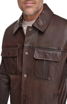 Workwear-inspired design defines a ruggedly handsome jacket built from fine lamb leather. 30" length Spread collar Leather Professional leather clean Imported Mens Leather Shirt, Leather Shirt Jacket, Confident Man, Mens Leather Clothing, Mens Leather Pants, Brown Shirt, Lambskin Leather Jacket, Hoodies Mens, Leather Shirt