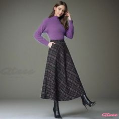 Qteee - Premium High-Waisted Grid Patterned Wool Midi Skirt: Thickened, Flared, Knee-Length Winter Dress Plaid Midi Skirt, Bodycon Midi Skirt, High Heel Boots Knee, Winter Skirt, Leather Pencil Skirt, Winter Dress, Wool Skirt, Wool Skirts, Plaid Skirts